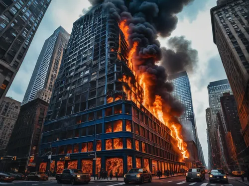 szkielet wieżowca płonący na Manhattanie widać cały wieżowiec auta na ulicy niebo jest granatowe obraz olejny,the conflagration,fire disaster,conflagration,city in flames,fire ladder,sweden fire,newsp