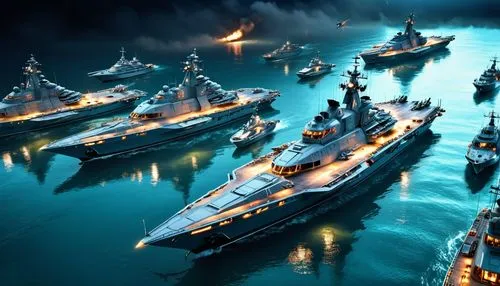 8k image, miniature several futuristic naval battleships surrounded by attack helicopters,large fleet of ships in sea next to each other,warships,battleships,battlefleet,battlecruisers,superyachts,nav