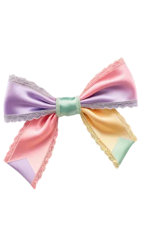 Colorful bow tie, shiny satin ribbon, delicate lace edges, tied in a perfect knot, hanging ornament, soft focus, warm light, 3/4 composition, festive atmosphere, pastel colors, detailed textures.,a bo