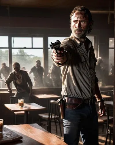 Rick Grimes holding a gun standing in the corner of cafe with minimal lighting, only light coming in from the window, dust flying around, dramatic lighting, surrounded by zombies,macmanus,marston,lumb