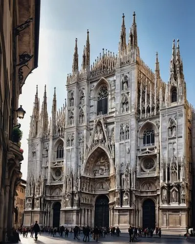 Duomo Milan architecture, grand cathedral, intricate Gothic details, white marble exterior, ornate sculptures, stained glass windows, arches, columns, Renaissance influences, detailed carvings, golden