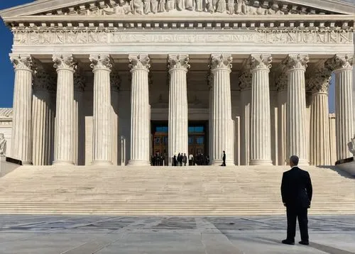 Supreme Court building, grandeur, neoclassical style, marble pillars, ornate facade, intricate carvings, majestic dome, American flag, solemn atmosphere, evening light, subtle shadows, Washington D.C.