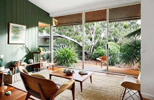 Design a mid-century Australian living room with timber floors mid century arm chairs, floor lamp large windows for ample natural light, and earthy color palettes inspired by the Australian landscape 