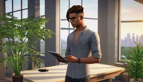 Architectural designer, Sims 3 character, young adult, male, stylish hair, glasses, casual wear, modern clothing, holding a tablet and pencil, standing in a modern villa, large windows, wooden floors,