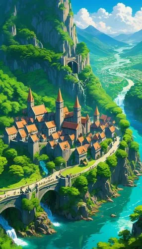 meteora,mountain village,knight village,kotor,townsmen,alpine village,medieval town,butka,mountain settlement,villages,citadels,bernese highlands,beleriand,fantasy landscape,transilvania,seregil,gondolin,riftwar,ancient city,valley,Illustration,Japanese style,Japanese Style 03