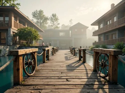 Weathered wooden docks, rustic nautical ropes, vintage boat wheels, distressed metal lanterns, soft misty mornings, serene lake reflections, natural stone foundations, earthy brown wood accents, sky b