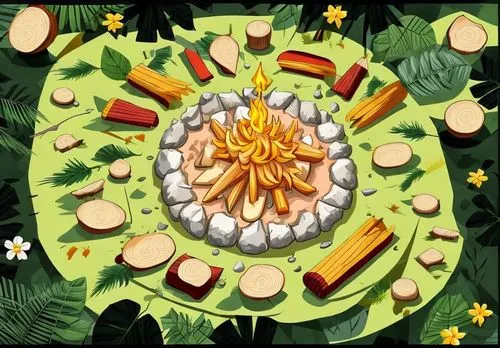 an illustration of a camp fire surrounded by logs,thanksgiving background,aspic,sushi plate,food collage,cooking book cover,pinya,senbei,cooking vegetables,enoki,sukiyaki,cheese wheel,hamburger plate,