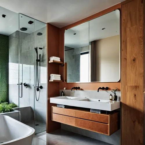 luxury bathroom,modern minimalist bathroom,bathroom cabinet,bathroom,wood mirror,plumbing fitting,washbasin,corten steel,shower bar,modern decor,search interior solutions,contemporary decor,interior modern design,bathroom accessory,bathtub,bathtub accessory,plumbing fixture,bathroom sink,wood-fibre boards,ceramic tile,Photography,General,Realistic