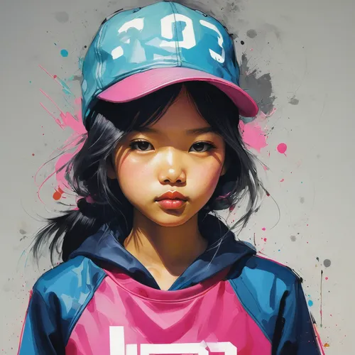 Girl in sportswear, youthful, wearing a hat，by Cory Loftis,kids illustration,digital painting,girl with speech bubble,girl wearing hat,vector girl,girl portrait,world digital painting,korean,nico,han 