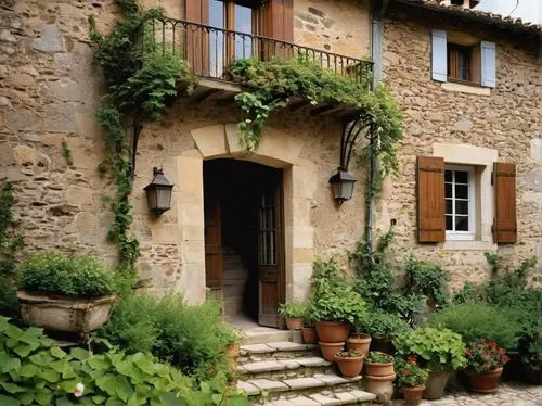 French country home, rustic stone walls, steeply pitched roof, wooden shutters, ornate iron door handles, clay tiles, flower-filled window boxes, vines crawling up walls, lush greenery surroundings, r