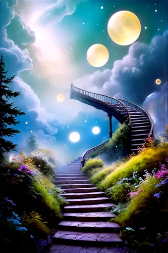 stairway to heaven,fantasy picture,winding steps,stairway,fantasy landscape,heavenly ladder,the mystical path,heaven gate,futuristic landscape,stone stairway,jacob's ladder,fantasy art,pathway,staircase,stargate,stairs,outside staircase,3d fantasy,dreamland,surrealism,Art,Classical Oil Painting,Classical Oil Painting 37