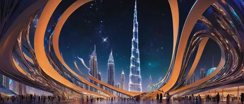 futuristic landscape,coruscant,cybercity,ringworld,burj khalifa,dubay,dubai,coruscating,quipu,sky space concept,tron,metropolis,fantasy city,burj,skyreach,dubia,cityscape,futuristic architecture,ordos,supertall,Illustration,Realistic Fantasy,Realistic Fantasy 39