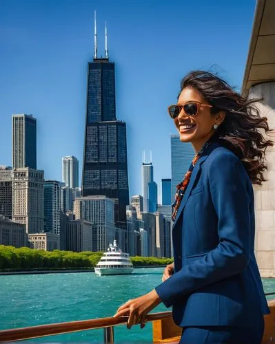 Chicago, architectural river cruise, sunny afternoon, blue sky with few white clouds, Willis Tower, Navy Pier, modern skyscrapers, ornate bridges, luxurious yacht, wooden deck, glass windows, soft cus