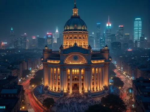 Urban skyscraper, grand monumental architecture, city hall, intricate stone carvings, imposing entrance, tall pillars, majestic dome, nighttime cityscape, vibrant neon lights, bustling streets, crowds