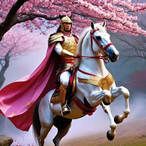 Fantasy Hun warrior, strong muscular body, intricate armor with golden accents, crimson cape flowing behind, majestic horse in the background, blooming cherry blossoms surrounding, vibrant pink petals