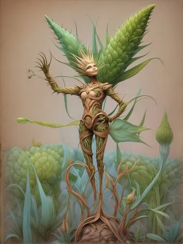 Spike plant with a human body,dryad,pachamama,veratrum,flying seed,prickle,faerie,agave,forest man,faery,pineapple plant,fantasy art,young pineapple,groot,coral guardian,cactus,flying seeds,tree man,v