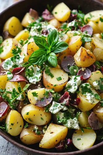 Create a recipe for mouthwatering rustic potato salad with a tangy dressing.,potatoes with vegetables,ukrainian dill potatoes,rosemary potatoes,lyonnaise potatoes,roasted potatoes,rustic potato,fried 