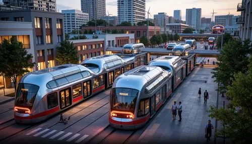 Futuristic tram stations, curved blob-like structures, metallic reflective surfaces, vibrant neon lights, urban cityscape, busy streets, pedestrian walkways, cyclist lanes, green roofs, sustainable en