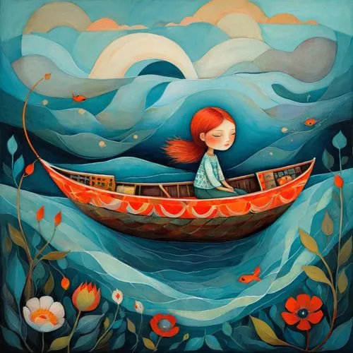 girl on the boat,boat landscape,little boat,fishing float,adrift,rowboat,canoe,afloat,row boat,boat on sea,boat,wooden boat,girl with a dolphin,water boat,swan boat,sailing-boat,fishing boat,paper boat,seafaring,picnic boat,Illustration,Abstract Fantasy,Abstract Fantasy 07