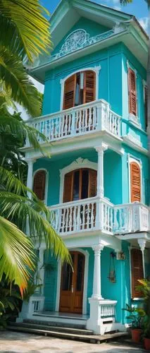 Jamaican architecture, colorful wooden house, Caribbean style, steeply pitched roof, ornate veranda, intricate wooden decorations, vibrant shutters, turquoise walls, white trim, lush greenery, tropica