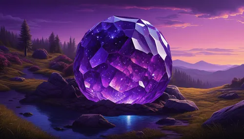 Craft a fantasy story about a mystical world with hollow purple crystals,crystal egg,healing stone,amethyst,druid stone,rock crystal,purpurite,lotus stone,balanced boulder,gemstone,pure quartz,gemston