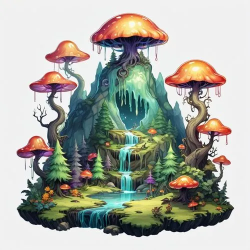 mushroom landscape,mushroom island,fairy village,umbrella mushrooms,forest mushroom,fairy forest,Illustration,Abstract Fantasy,Abstract Fantasy 11