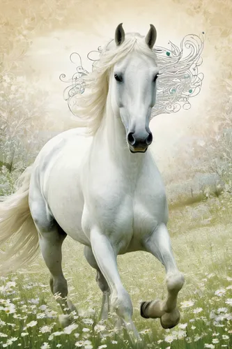 A majestic white horse gallops through a dreamy meadow.,albino horse,a white horse,spring unicorn,unicorn background,white horse,dream horse,unicorn art,constellation unicorn,unicorn,golden unicorn,pe