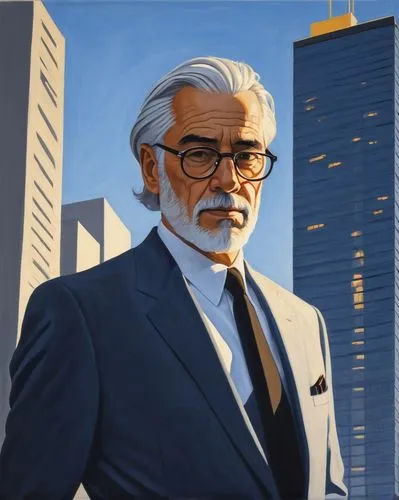 Alexander Robert, mature gentleman, bespectacled, silver hair, trimmed beard, elegant suit, white shirt, black tie, leather shoes, holding blueprints, standing, in front of, modern skyscraper, citysca