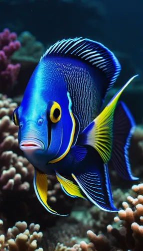 Write a short story about a curious blue angel fish exploring the vast ocean depths.,lemon surgeonfish,pallet surgeonfish,blue stripe fish,coral reef fish,imperator angelfish,golden angelfish,triggerf