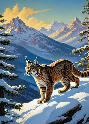 A majestic bobcat silently prowling through dense snow-covered mountains.,american curl,wild cat,american bobtail,snowshoe,cat european,felidae,mountain lion,american shorthair,american wirehair,siber