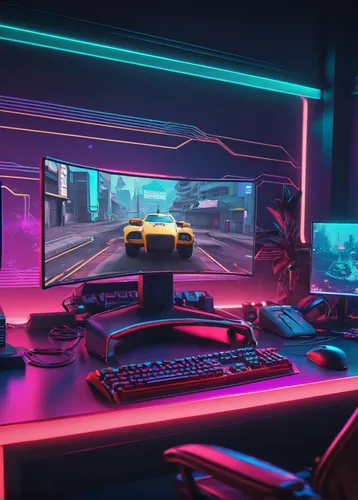 computer room,desk,computer desk,cybertruck,cyberpunk,neon arrows,neon,monitor wall,consoles,neon lights,monitors,game room,retro styled,gamer zone,80s,3d car wallpaper,computer workstation,80's design,computer game,neon light,Conceptual Art,Sci-Fi,Sci-Fi 29