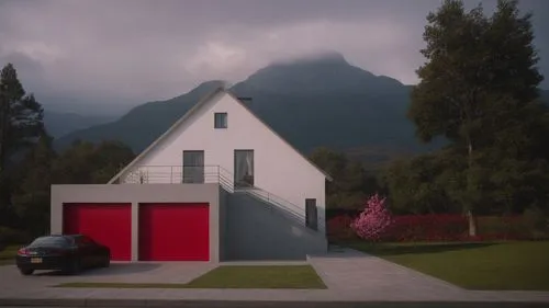 White house with large windows on two levels in front, gabled with gray tiles, mountains and trees in front in the background, low vegetation with flowers, day view with red backgrounds in the sky, wi