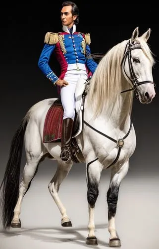 Portrait, Equestrian of the Liberator, Simón Bolívar, Riding on a beautiful, white horse, called palomo, heading to Quito Ecuador, under the night of full moon.,napoleon bonaparte,cavalry,matador,conq