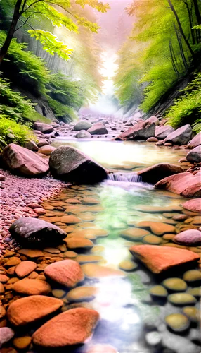 Mountain stream, serene natural scenery, gentle flow, clear water, rocky riverbed, surrounded by lush green trees, misty atmosphere, warm sunlight filtering through leaves, panoramic view, 3/4 composi