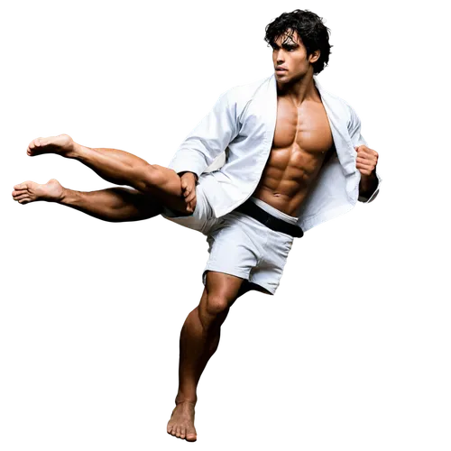 Muscular man, judo athlete, sweaty skin, intense gaze, messy black hair, strong jawline, athletic build, white judo uniform, tied belt, muscular arms, clenched fists, powerful legs, dynamic pose, low-