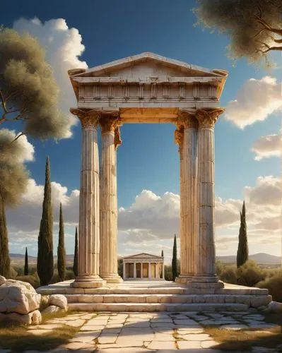 greek temple,temple of diana,roman temple,laodicea,temple of hercules,artemis temple,erechtheus,panagora,metapontum,caesonia,amphipolis,erechtheion,palmyra,doric columns,tempio,ancient olympia,epitaphios,acropolis,three pillars,leptis,Illustration,Realistic Fantasy,Realistic Fantasy 34