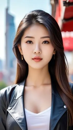 A beautiful 19 years old asian girl with long hair  G cup  wearing black leather jacket standing on the big city,a asian woman wearing a leather jacket and white shirt,korean drama,korean,suzy,asian w