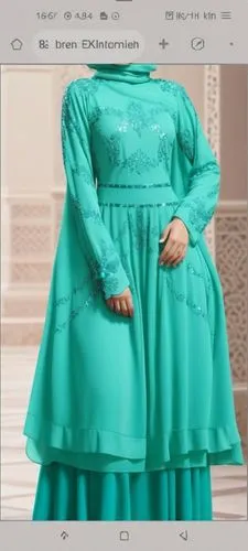 3d fashion drawing of long maxi dress for Muslim hijab with sequins with turquoise  green and with dark turquoise green embroidery with Muslim hijab with  shoes,a woman in a green dress standing on th