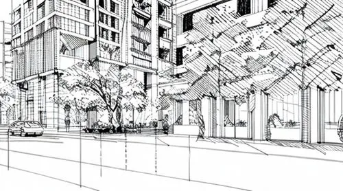 urban design,mono-line line art,line drawing,kirrarchitecture,street plan,glass facade,urban development,wireframe graphics,mono line art,facade panels,line-art,city buildings,urban landscape,glass fa