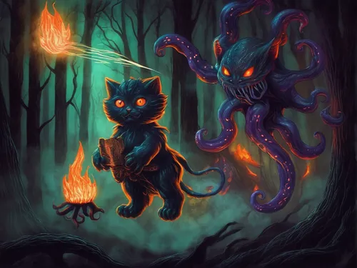 KITTEN with fire in dark forest with monster on the right 
with tentacles,cauldron,halloween illustration,torches,spirits,burning torch,cuthulu,tree torch,nuphar,campfire,witches,catastrophe,krampus,d