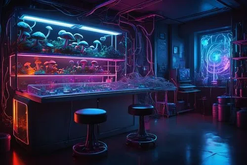 Futuristic shrooms AI, cyberpunk laboratory, solo, (neon lights), glowing mushrooms, eerie ambiance, transparent glass containers, wires tangled around stems, robotic arms handling petri dishes, holog