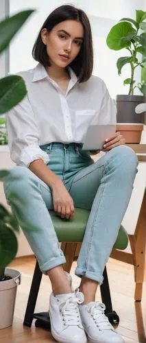 menswear for women,jeans background,blur office background,woman sitting,women clothes,jeans pattern,girl sitting,women fashion,naturopath,fashion vector,houseplants,woman in menswear,philodendron,houseplant,superga,portrait background,andreasberg,saleslady,salesroom,naturopathy,Illustration,Paper based,Paper Based 16