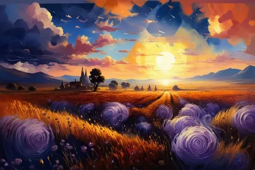 the painting shows the sunset with the clouds and sun shining through,landscape background,sunburst background,mushroom landscape,fantasy landscape,purple landscape,lughnasadh,Illustration,Realistic F