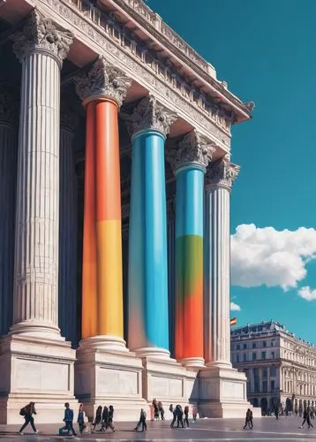 National Architecture Week, grand historic buildings, ornate details, intricate carvings, majestic columns, vibrant national flags, city square, sunny day, clear blue sky, few white clouds, people wal