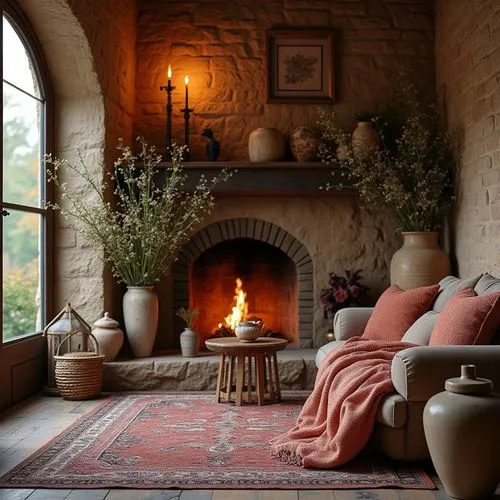 Rich plum accents, earthy terracotta hues, warm beige stone walls, rustic wooden furnishings, natural linen textiles, vintage ceramic vases, distressed metal lanterns, lush greenery, blooming wildflow