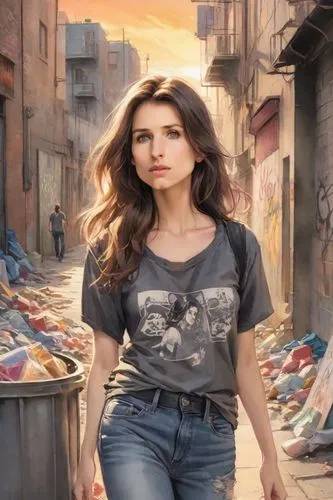 inquisitive expression, wide eyes, open long hair, casual outfit, levi 501 jeans, medium buxom, "MOTÖRHEAD" t-shirt, walking, urban alleyway, graffiti walls, trash cans, sunset, dynamic angle, action 