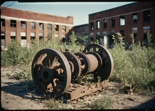 Abandoned industrial site, architectural salvage yard, old brick buildings, worn wooden planks, rusty metal scraps, vintage machinery, forgotten artifacts, overgrown weeds, broken windows, crumbling w