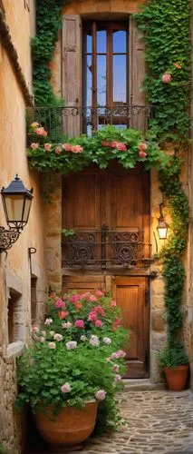 French Provincial architecture, stone wall, clay tile roof, wooden shutters, ornate ironwork balcony, blooming flower box, lush green vines crawling up walls, rustic wooden door, bronze door handle, l