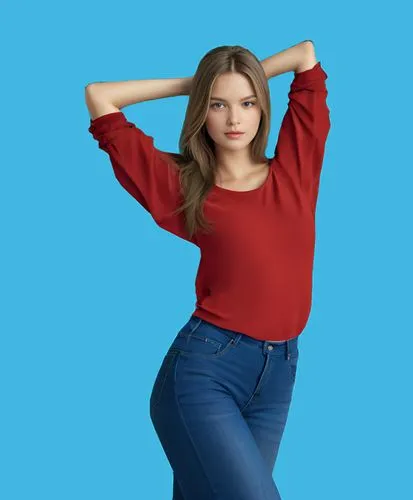 A brown haired, a blue eyed, modest-looking appearance

Clothes : red tops (medium-sleeves), blue jeans,long-sleeved t-shirt,jeans background,blue background,women's health,female model,plus-size mode