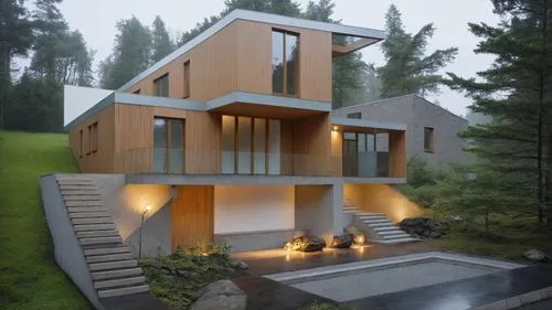 a home is shown in the woods on a foggy day,cubic house,modern house,wooden house,passivhaus,timber house,house in the forest,Photography,General,Realistic